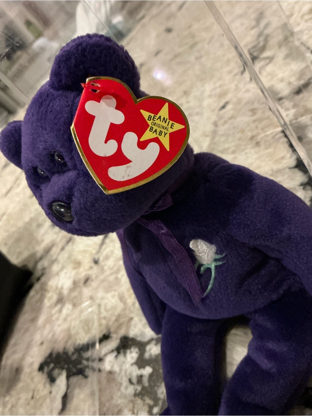 Ty Purple Plush Beanie Baby Princess Bear with White Rose - Picture 2 of 6